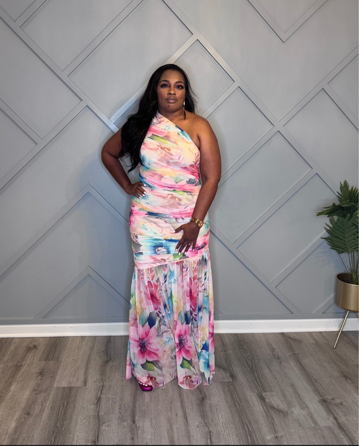 Spring One-Shoulder Maxi Dress – White | Blue | Pink