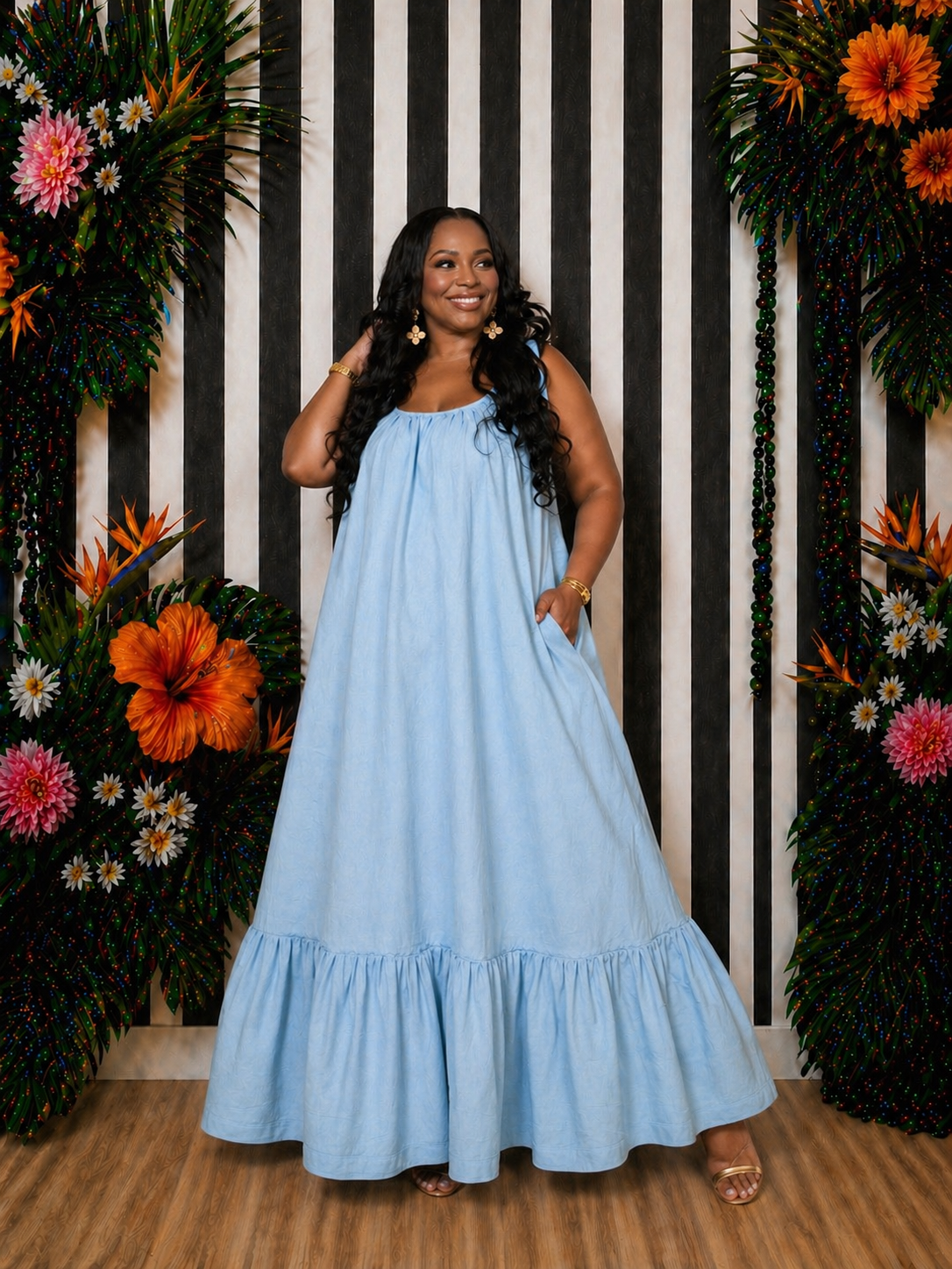 Light Denim Ruffle Maxi Dress
