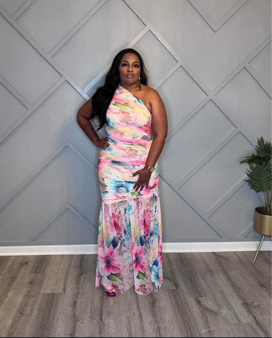 Spring One-Shoulder Maxi Dress – White | Blue | Pink