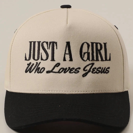 Just A Girl Who Loves Jesus Trucker Hat - Beige & Black