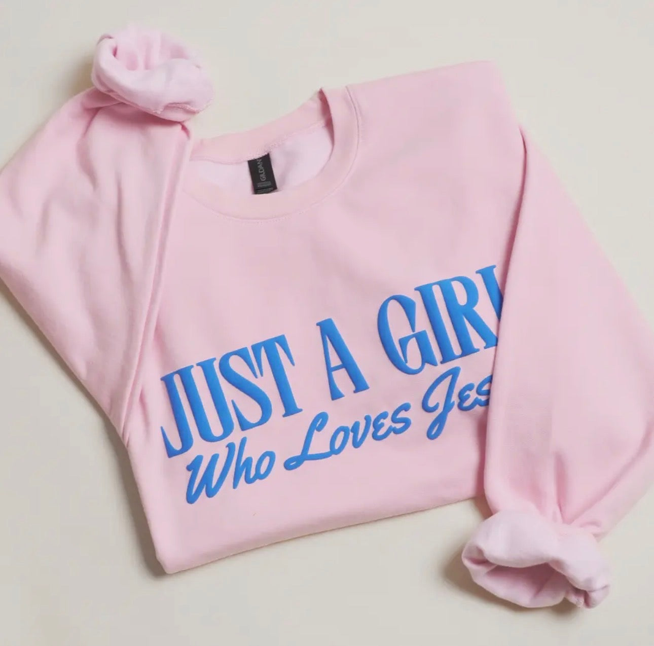 Just A Girl Who Loves Jesus – Crewneck Sweatshirt- Pink & Blue 💙