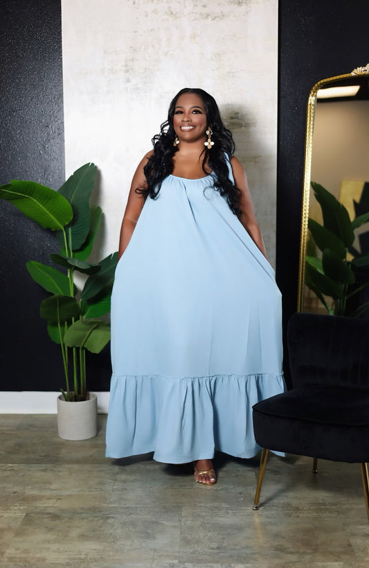 Light Denim Ruffle Maxi Dress