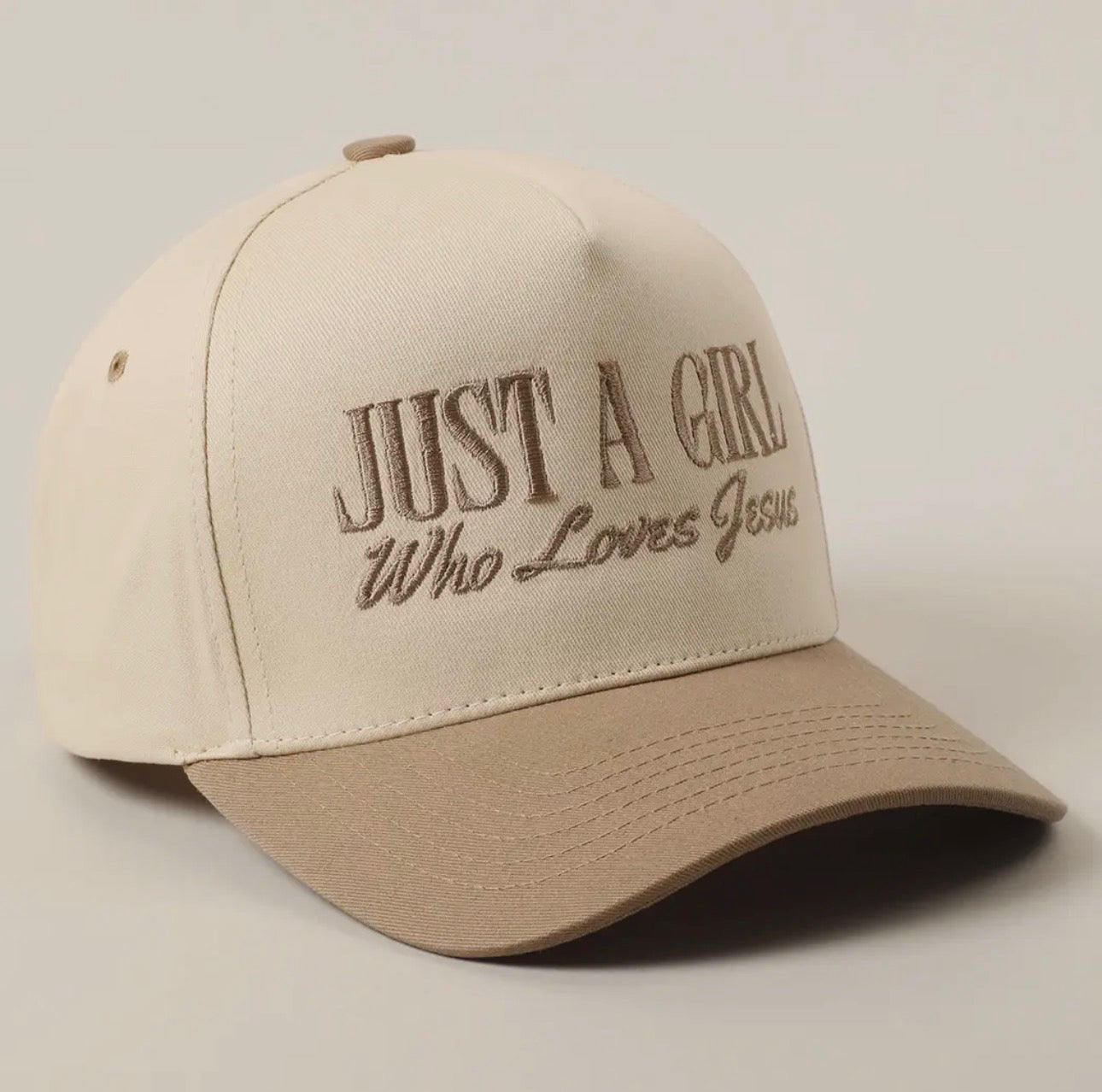 Just A Girl Who Loves Jesus – Neutral Trucker Hat