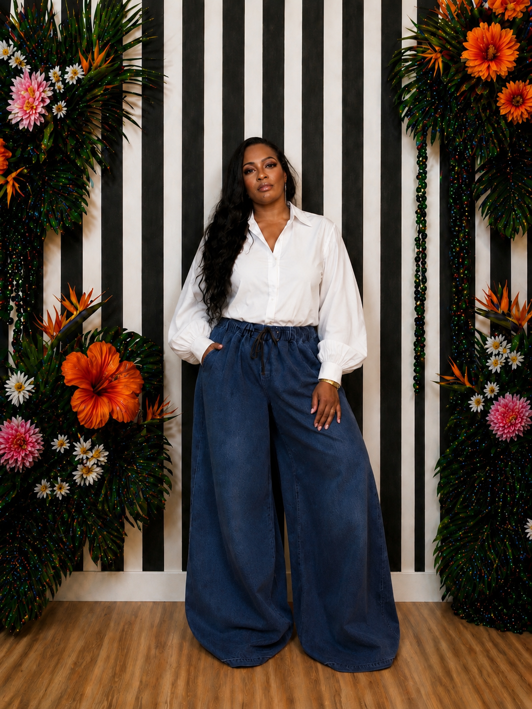 Palazzo Drawstring Denim Pants