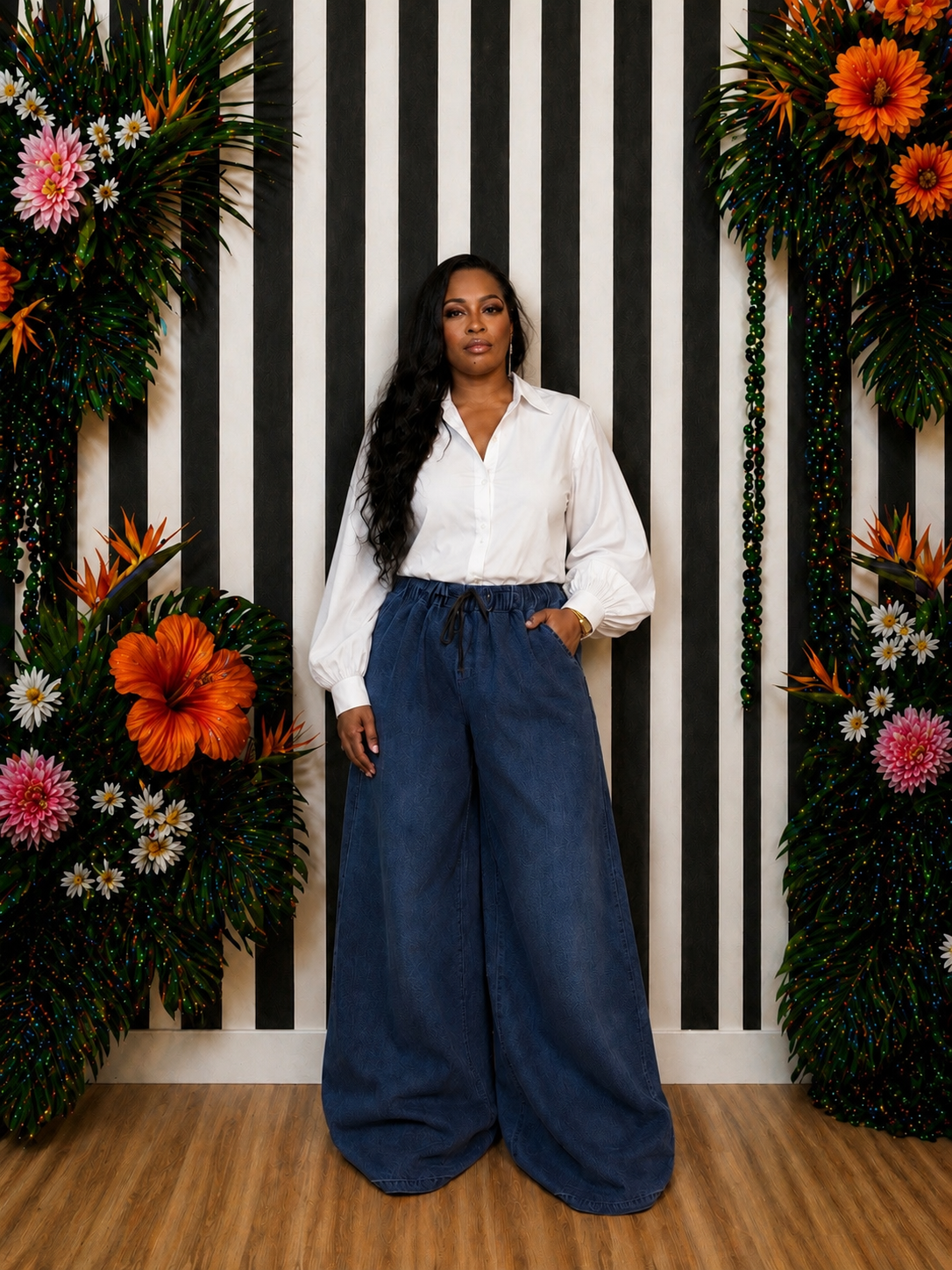Palazzo Drawstring Denim Pants
