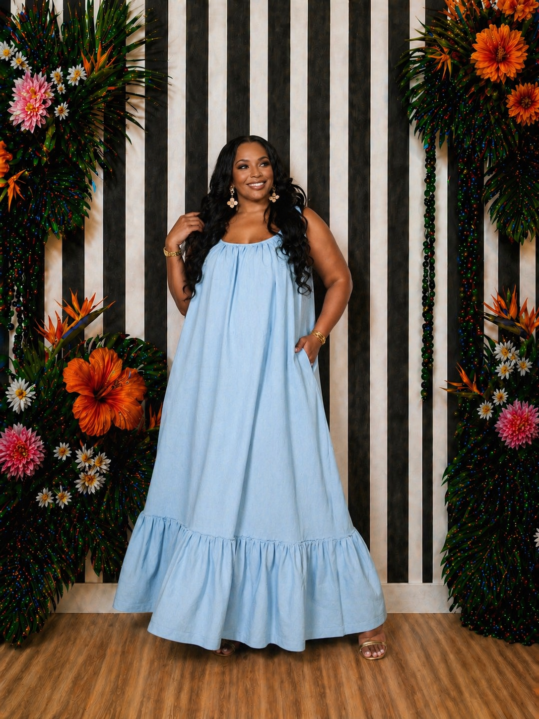 Light Denim Ruffle Maxi Dress